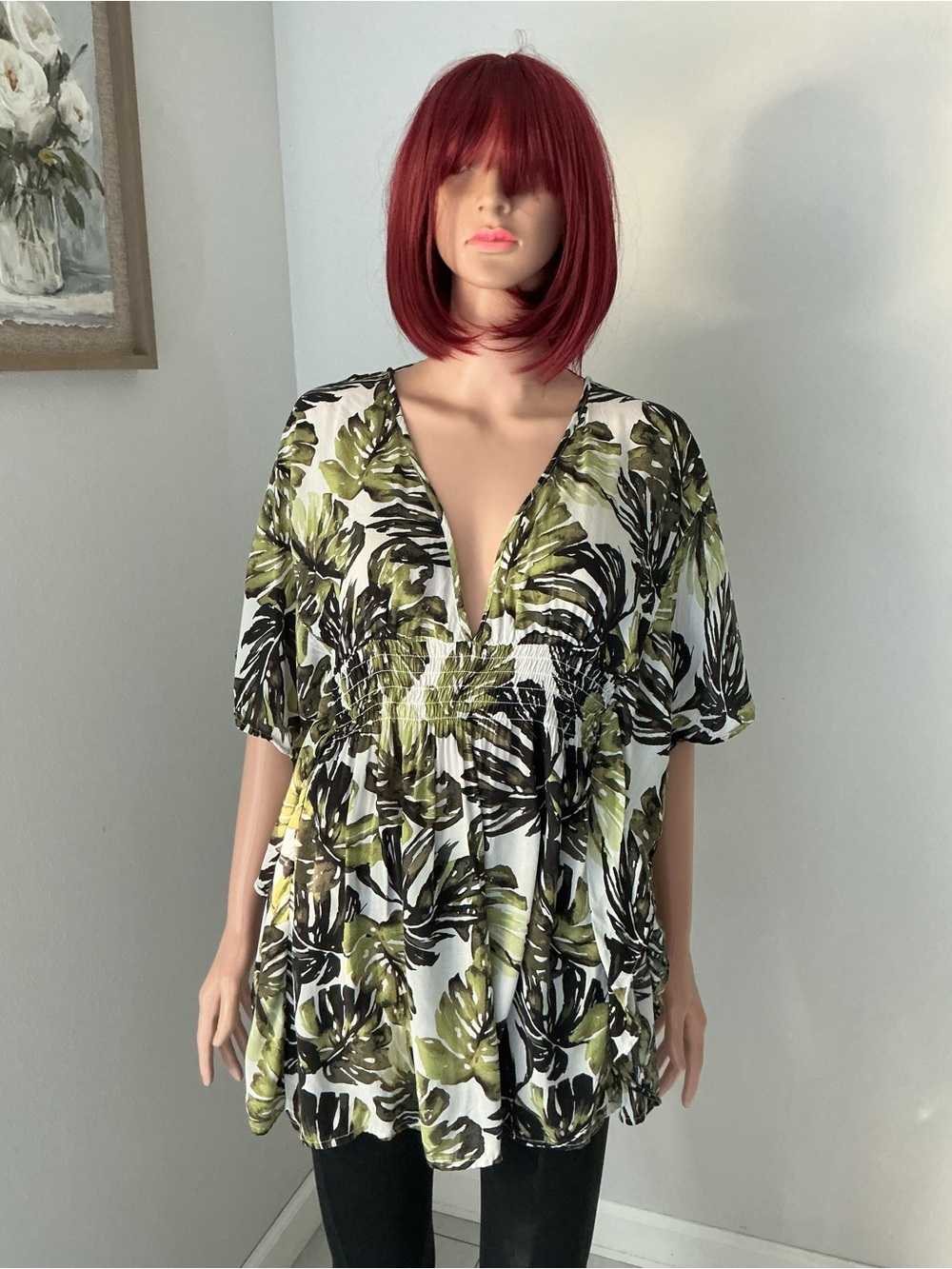 Abercrombie & Fitch Tropical Palm Leaf Swim Cover Up Green XS/S Smocked Tassel